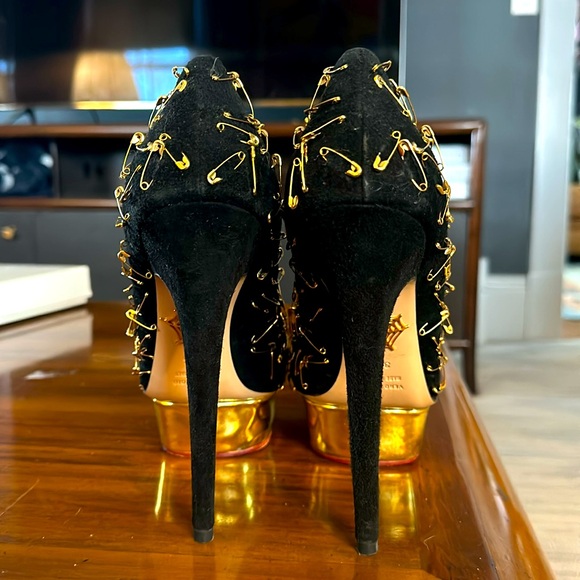 Charlotte Olympia x Tom Binns Suede Gold Safety Pin Platform Heels EU 38.5 - Picture 6 of 12